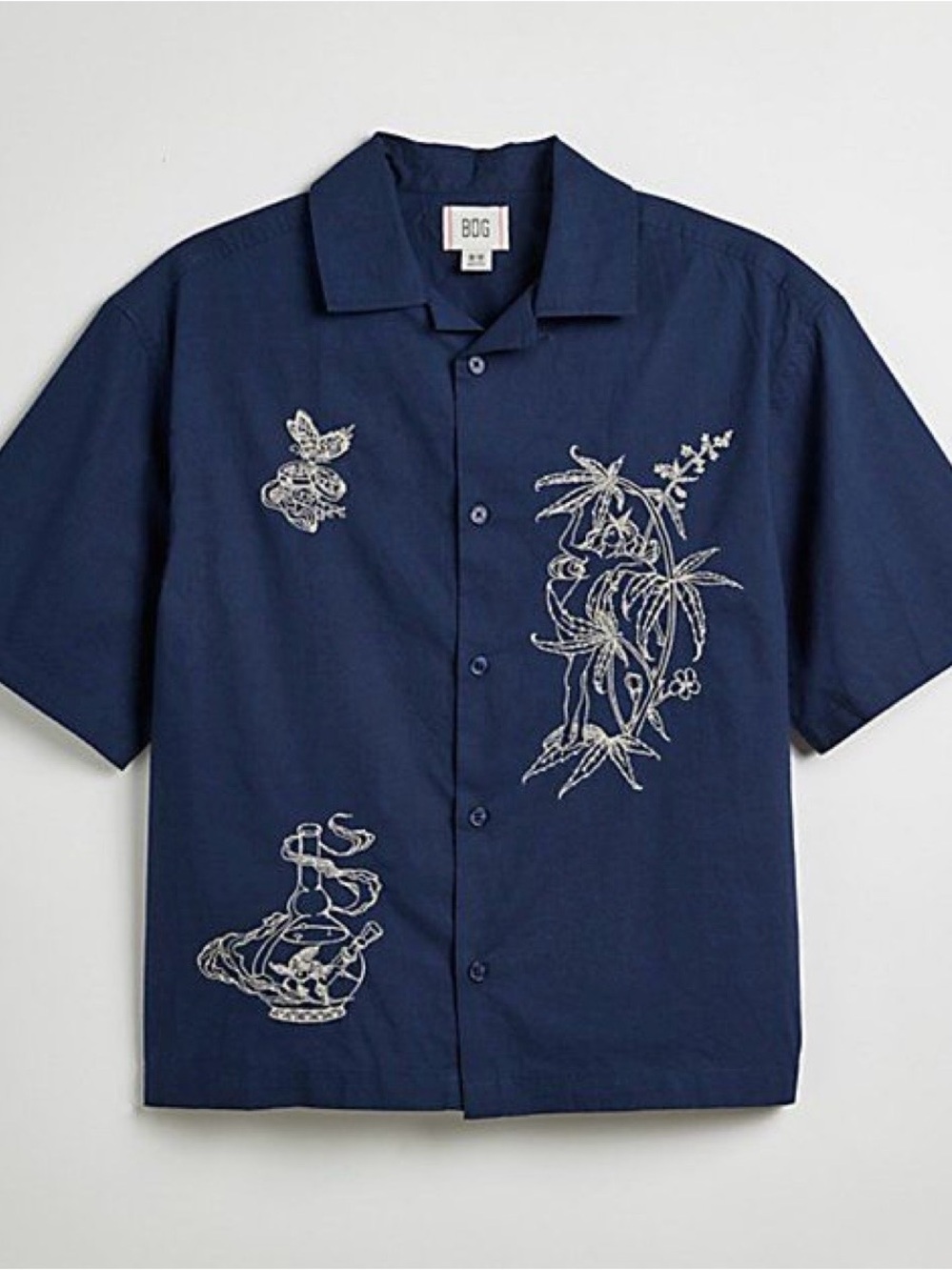 BDG Navy Short-Sleeve Embroidered Camp-Collar Shirt